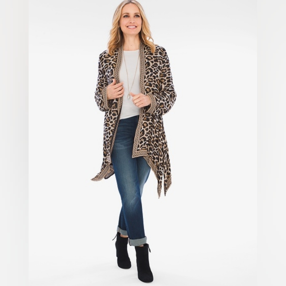 Chico's Leopard Print Open Front Buttery Soft High Low Cardigan Size Medium
